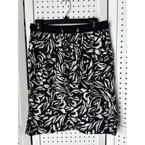 M&S Collection Women's Size 4 Pull On Black Beige Print Knee Skirt Linen Blend